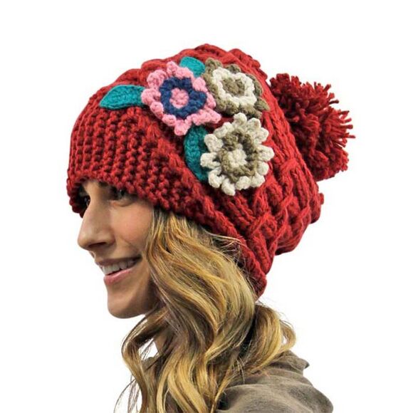 Thick Knit Floral Slouchy Beanie Hat With Brim & Pom Pom - Picture 3 of 8